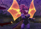 a video game character with purple hair and wings is standing in front of a cherry blossom tree