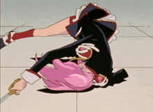 a girl with pink hair is holding a sword in her right hand