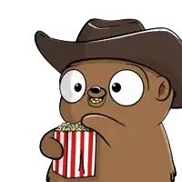 a cartoon bear wearing a cowboy hat is eating a striped box of popcorn