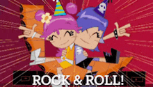 a cartoon of a boy and a girl making a rock and roll sign