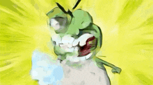 a cartoon character is holding a bottle of water in his hand