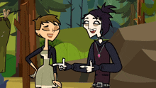 two cartoon characters are standing next to each other and one of them is pointing at the other