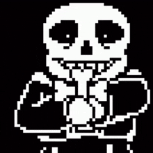 a black and white pixel art of a skeleton with a smile on his face .