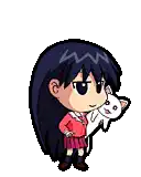 a pixel art of a little girl with a cat on her head .