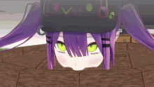 a girl with purple hair and green eyes looks out of a hole