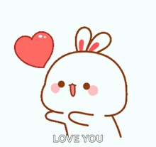 a cartoon rabbit is blowing a heart in the air and says love you .
