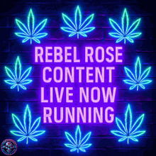 rebel rose content live now running neon sign on a brick wall