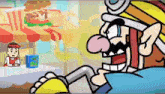 a cartoon character is riding a bicycle in front of a hamburger stand .