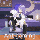 a girl with purple hair is sitting in a chair with the words " ant gaming " written below her