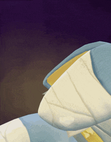 a close up of a blue and white object with a yellow stripe