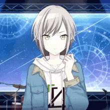a girl with gray hair and green eyes is wearing a blue jacket and a white hoodie .