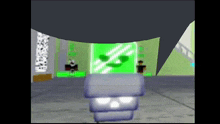 a video game character is standing in front of a green sign that says ' x ' on it