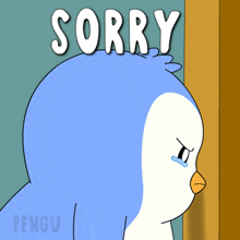 a cartoon of a penguin with the word sorry above it