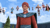 a group of cartoon characters are flying in the sky including a man in a red and blue outfit