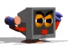 a computer monitor with a cartoon face on it is standing on a white background .