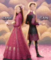 a man and a woman standing next to each other with can written on the bottom right