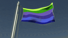 a blue green and purple flag flies in the wind