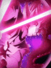 a person in a pink and purple outfit is holding a light saber
