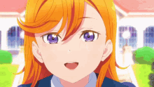 a girl with orange hair and purple eyes looks at the camera