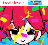 a cartoon of a girl surrounded by confetti with the words freak level below it