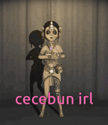 a cartoon doll is standing in front of a curtain with the words " cecebun irl " in pink letters