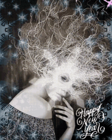 a black and white photo of a woman with the words happy new year