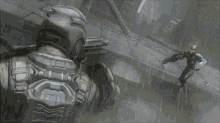 a man in a helmet is holding a gun in a video game while another man is standing in the background .