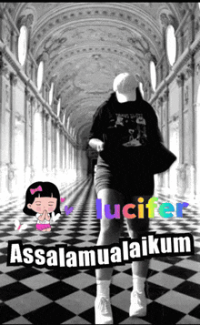 a girl standing in a hallway with the word lucifer written on it