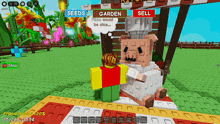 a screenshot of a video game with the words seeds garden and sell on the bottom