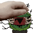 a pixel art of a hand holding a hamburger with a triangle on it .