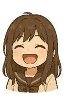 a girl with long brown hair is smiling with her mouth wide open