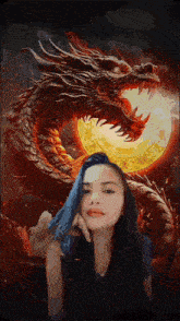 a woman with blue hair is standing in front of a dragon ..