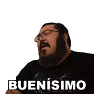 a man with glasses and a beard is making a funny face and saying buenisimo .
