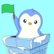 a penguin is holding a green flag in a box with the word penguin on it
