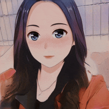 a drawing of a girl with blue eyes and purple hair