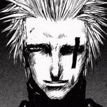 a black and white drawing of a man with a cross tattoo on his face .