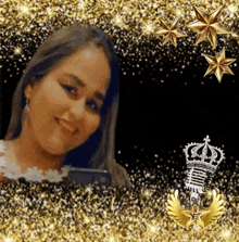 a woman is surrounded by gold stars and a microphone with a crown on it .