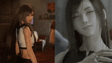 a woman with long hair is standing in a room