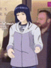 a woman in a purple jacket is standing in front of a man smoking a cigarette
