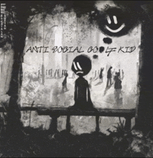 a black and white drawing of a person sitting on a bench with the words anti social golf kid written on it