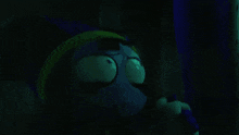 a cartoon character with large eyes is hanging from a pole