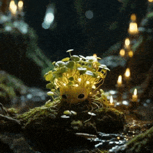 a small plant with a face on it is surrounded by candles and moss