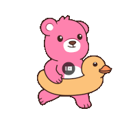 a pink teddy bear is holding a rubber duck