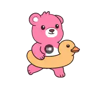 a pink teddy bear is holding a rubber duck