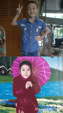 a boy giving a peace sign and a girl holding an umbrella