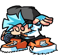a cartoon character with blue hair and orange pants is holding a microphone and wearing a hat .