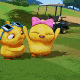 a couple of cartoon chicks standing on a golf course with a golf cart in the background