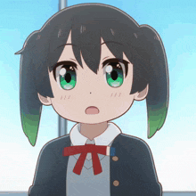 a cartoon girl with green eyes and a red bow