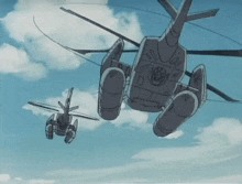a drawing of a plane and a helicopter flying in the sky with the helicopter having the letter h on it