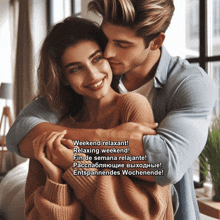 a man kissing a woman on the cheek with the words weekend relaxant written below them